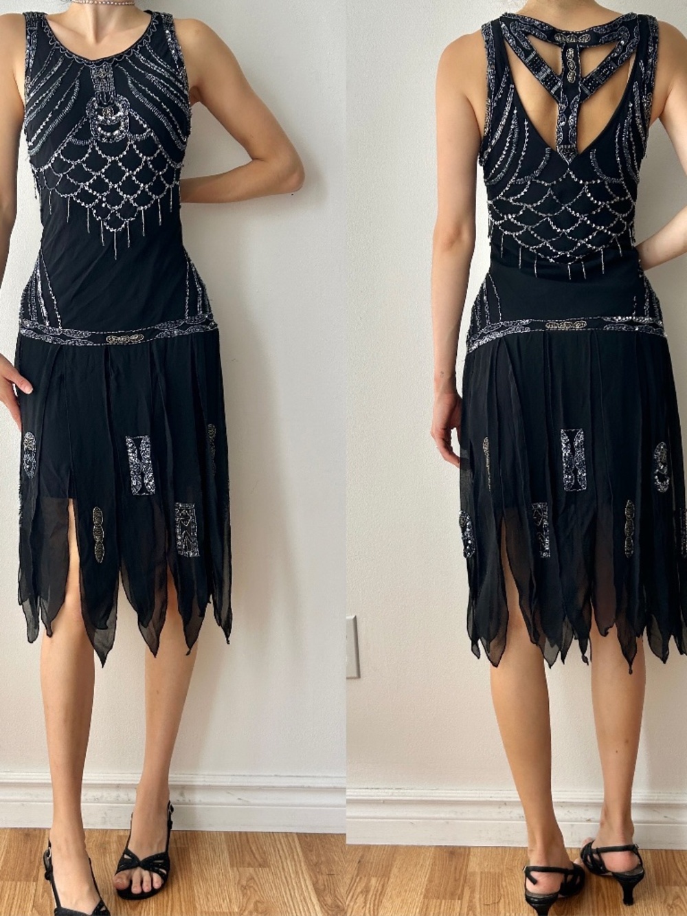 Vintage black beaded silk midi dress